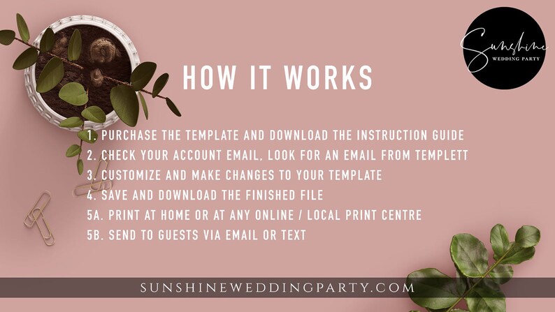 Puede incluir: Fondo rosa con el texto "HOW IT WORKS" y una lista de instrucciones para comprar y personalizar una plantilla imprimible. El texto tambi&eacute;n incluye la direcci&oacute;n del sitio web "SUNSHINEWEDDINGPARTY.COM".