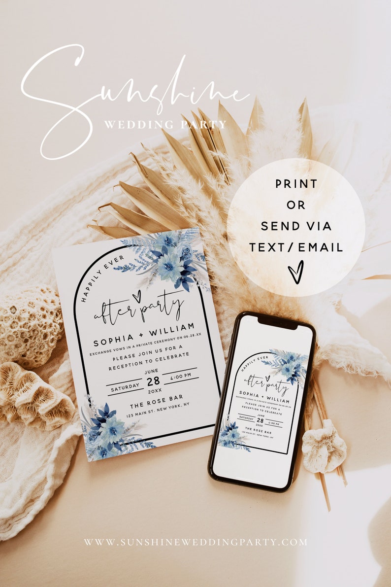 Dusty Blue Wedding Reception Invitation Template, Reception Invitation Cards, Elopement Announcement Invitation, Instant Download, F20 image 3