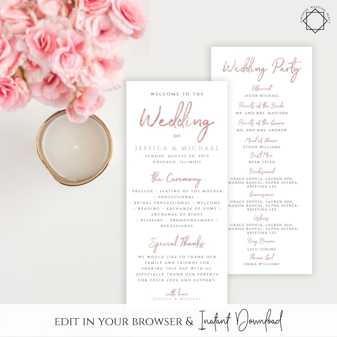 Rose Gold Program Rose Gold Wedding Program Template Printable Flat Program Template ...