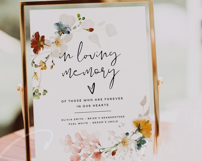 In Loving Memory Sign Template, Garden Flowers, Floral Wedding Sign Cards, Memory Sign Template, In Loving Memory Sign, Instant Download F16