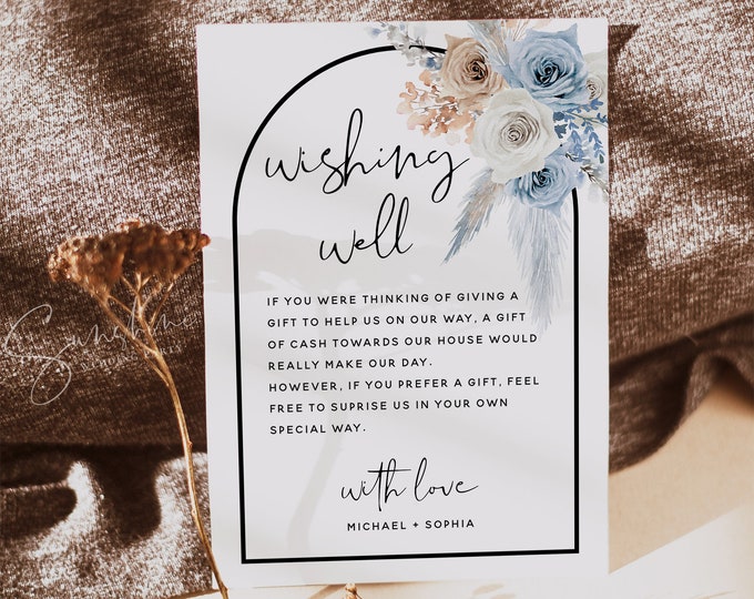 Dusty Blue Champagne Wedding Wishing Well Card Template, Boho Floral Wedding, Wishing Well Sign, Wishing Well Card, Editable Template, F23