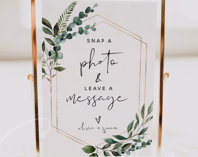 Snap a Photo Leave a Message Sign Template, Greenery Wedding Printable Signs, Editable Template, Wedding Signs, Instant Download Templett G5