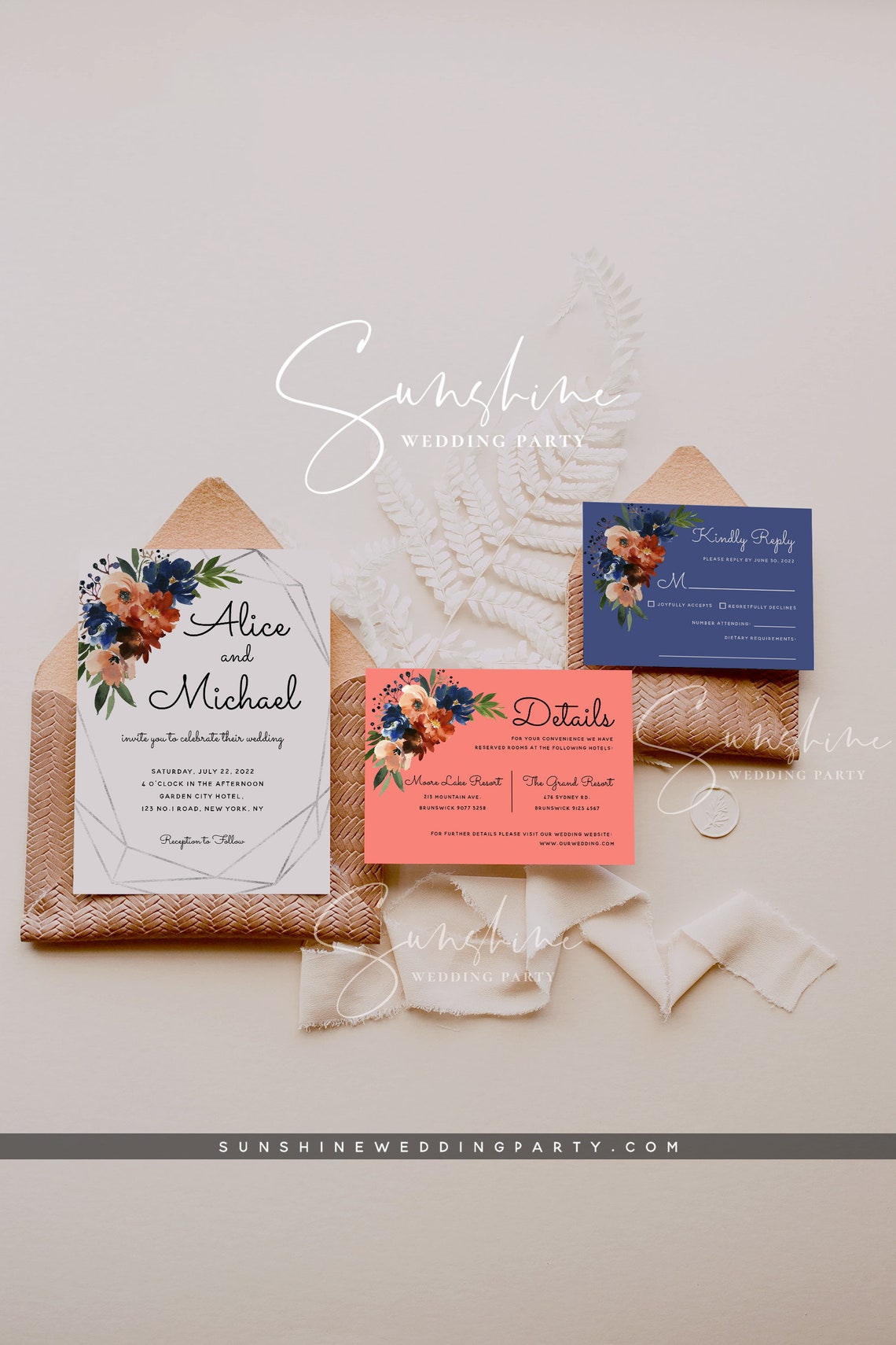 Navy & Coral Floral Wedding Invitation Suite Template image 1