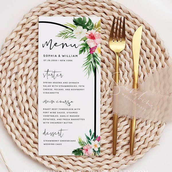 Hawaiian Beach Wedding Menu Card Template, Tropical Wedding, Editable Menu Cards Template, Printable Menu Signs, Instant Download, H1