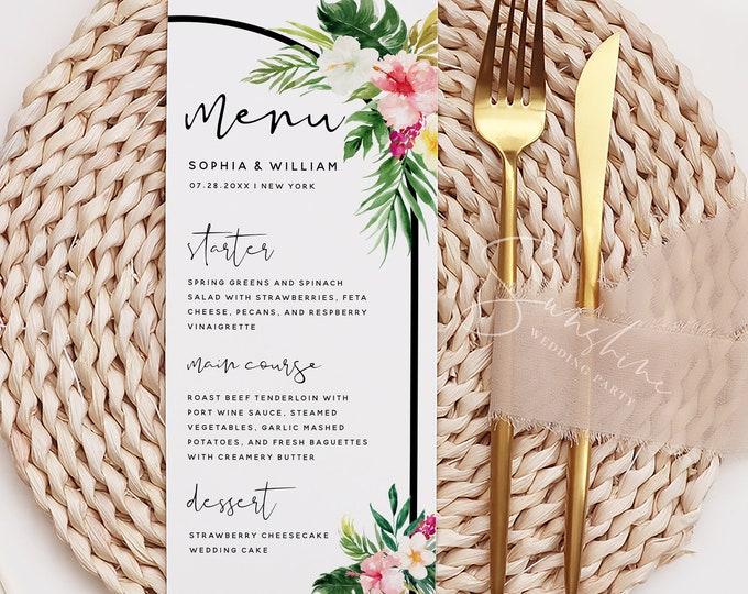 Hawaiian Beach Wedding Menu Card Template, Tropical Wedding, Editable Menu Cards Template, Printable Menu Signs, Instant Download, H1