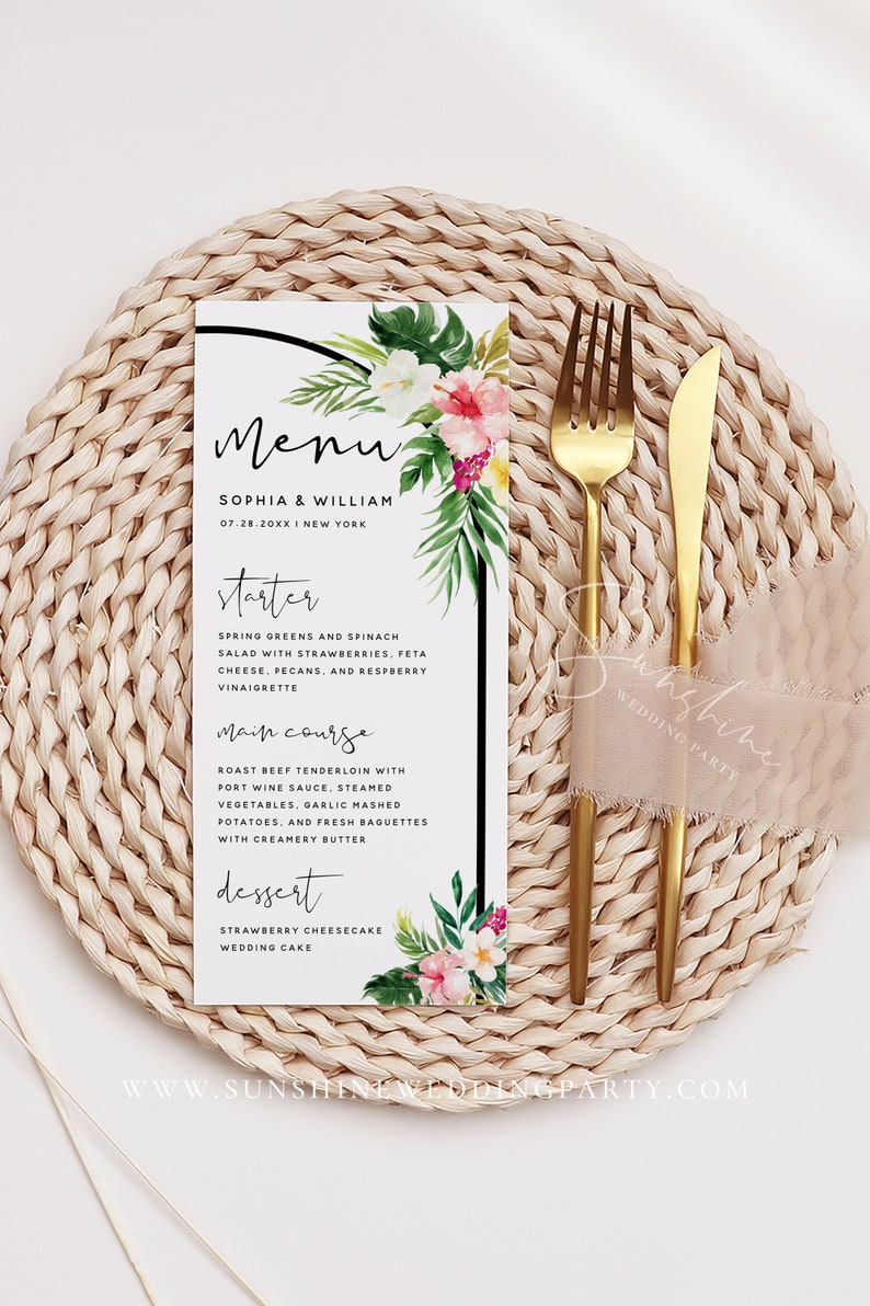 Hawaiian Beach Wedding Menu Card Template, Tropical Wedding, Editable Menu Cards Template, Printable Menu Signs, Instant Download, H1 image 1