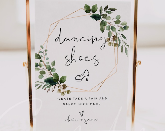 Dancing Shoes Sign Template, Greenery Wedding Signs, Printable Dancing Shoes Sign, Editable Text, Wedding Sign, Instant Download Templett G5