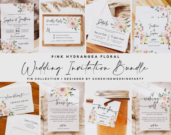 Pink Hydrangea Wedding Invitation Bundle, Floral Wedding Invitation Kit, Wedding Invite Suite, Wedding Invite Set, Editable Template, F18