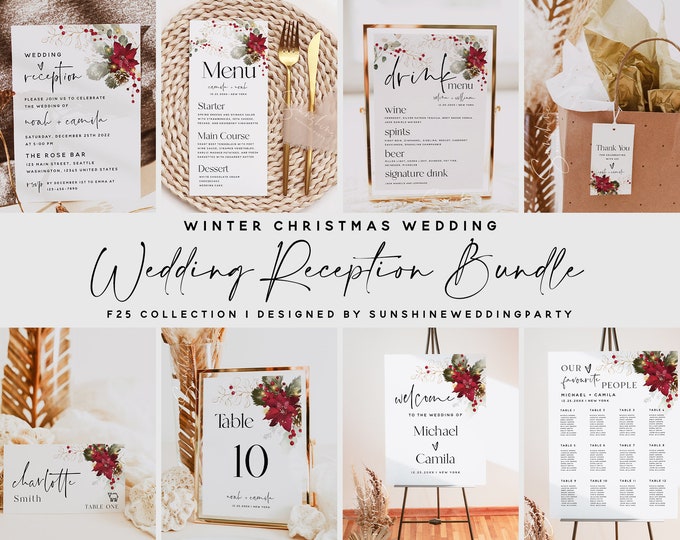 Christmas Wedding Reception Bundle Templates, Wedding Reception Kit, Wedding Reception Invite, Welcome Sign, Seating Chart, Menu & More, F25