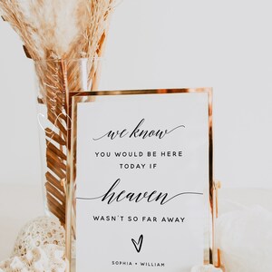 Peut inclure: Une pancarte dor&eacute;e encadr&eacute;e avec le texte "we know you would be here today if heaven wasn't so far away" avec un c&oelig;ur et les noms Sophia et William en dessous. La pancarte est pos&eacute;e sur une table avec un vase de pampas s&eacute;ch&eacute;es et du corail.