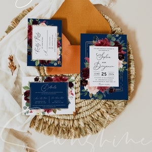 May include: A set of three wedding invitations with a navy blue background and floral designs in shades of burgundy, pink, and green. The text on the invitations reads "Sunshine Wedding Party" and includes the names "Sophia and Benjamin" and the date "June 25, 2024".