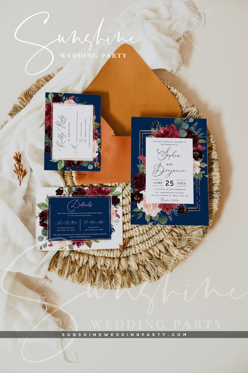 May include: A set of three wedding invitations with a navy blue background and floral designs in shades of burgundy, pink, and green. The text on the invitations reads "Sunshine Wedding Party" and includes the names "Sophia and Benjamin" and the date "June 25, 2024".