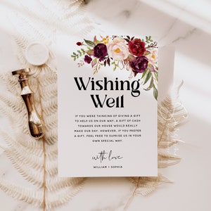 Dusty Pink Burgundy Blumen Wunsch gut Kartenvorlage, Boho rustikale Hochzeit, gut wünschen Zeichen, gut wünschen Karte, DIY bearbeitbare Vorlage, F2