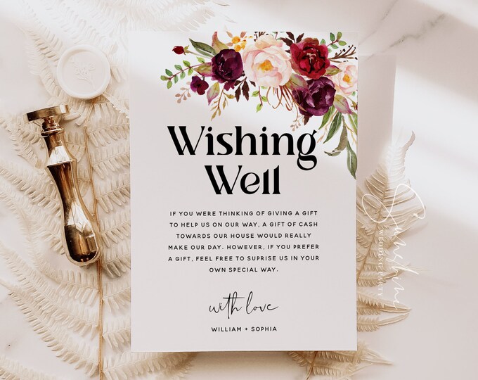 Dusty Pink Burgundy Floral Wishing Well Card Template, Boho Rustic Wedding, Wishing Well Sign, Wishing Well Card, DIY Editable Template, F2