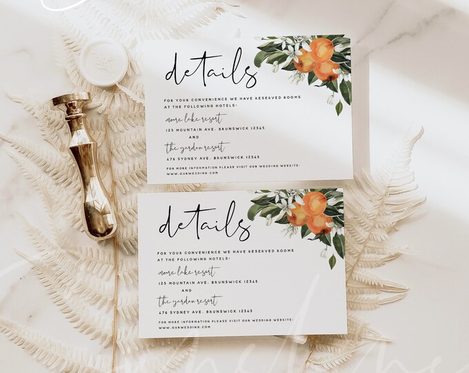 Citrus Wedding Details Card Template, Orange Wedding Accommodations Cards, Botanical Wedding Details Cards, Instant Download, Templett, C2