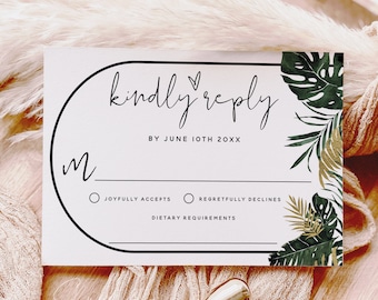 Monstera Greenery Wedding RSVP Card Template, Wedding Kindly Reply Card, DIY Editable Template for Wedding Printable, Instant Download, TG1