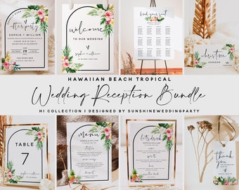 Hawaiian Wedding Reception Bundle, Wedding Reception Kit, Editable Template, Wedding Reception Invite, Welcome Sign, Place Card & More, H1