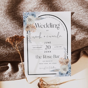 Staubblau Champagner Hochzeitseinladung Kartenvorlage, Pampasgras, Boho Einladung, Blumeneinladung, DIY bearbeitbar, digitaler Download, F23