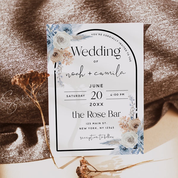 Dusty Blue Champagne Wedding Invitation Card Template, Pampas Grass, Boho Invitation, Floral Invitation, DIY Editable, Digital Download, F23