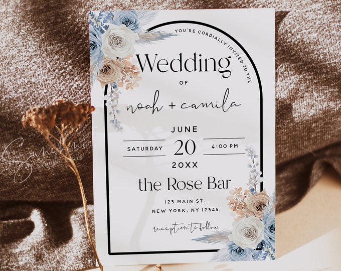 Dusty Blue Champagne Wedding Invitation Card Template, Pampas Grass, Boho Invitation, Floral Invitation, DIY Editable, Digital Download, F23