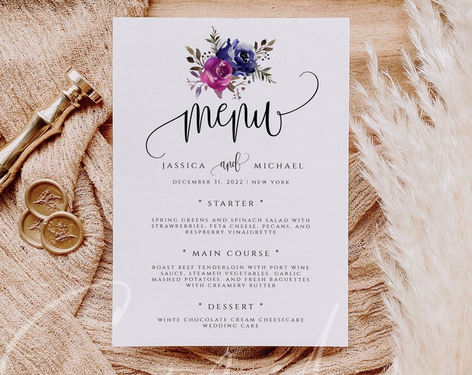 Blue & Purple Wedding Menu Template, Printable Floral Menu, Editable Rustic Wedding Menu Template, Menu Card, Instant Download, Templett, F9