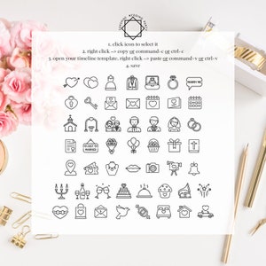 Puede incluir: Un conjunto de 36 iconos de boda en blanco y negro. Los iconos incluyen una iglesia, un anillo de boda, un ramo de flores, un pastel, una copa de champ&aacute;n, una paloma, un coraz&oacute;n y m&aacute;s.