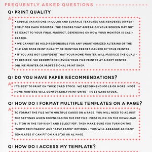 May include: A guide with frequently asked questions about printable wedding templates. The guide includes information about print quality, paper recommendations, formatting multiple templates on a page, and accessing the template.
