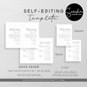 May include: A printable wedding invitation template with a black and white design. The front of the invitation says "Welcome family friends" and the back of the invitation has a schedule of events. The template is 5 inches by 7 inches and is ideal for printing at home or at a print shop.