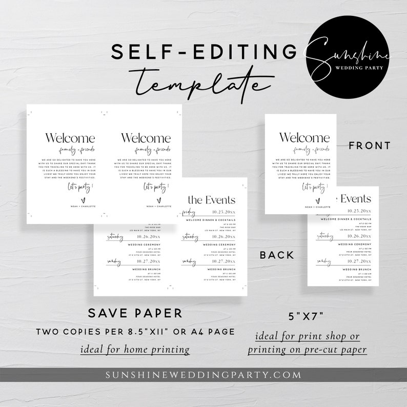 May include: A printable wedding invitation template with a black and white design. The front of the invitation says "Welcome family friends" and the back of the invitation has a schedule of events. The template is 5 inches by 7 inches and is ideal for printing at home or at a print shop.