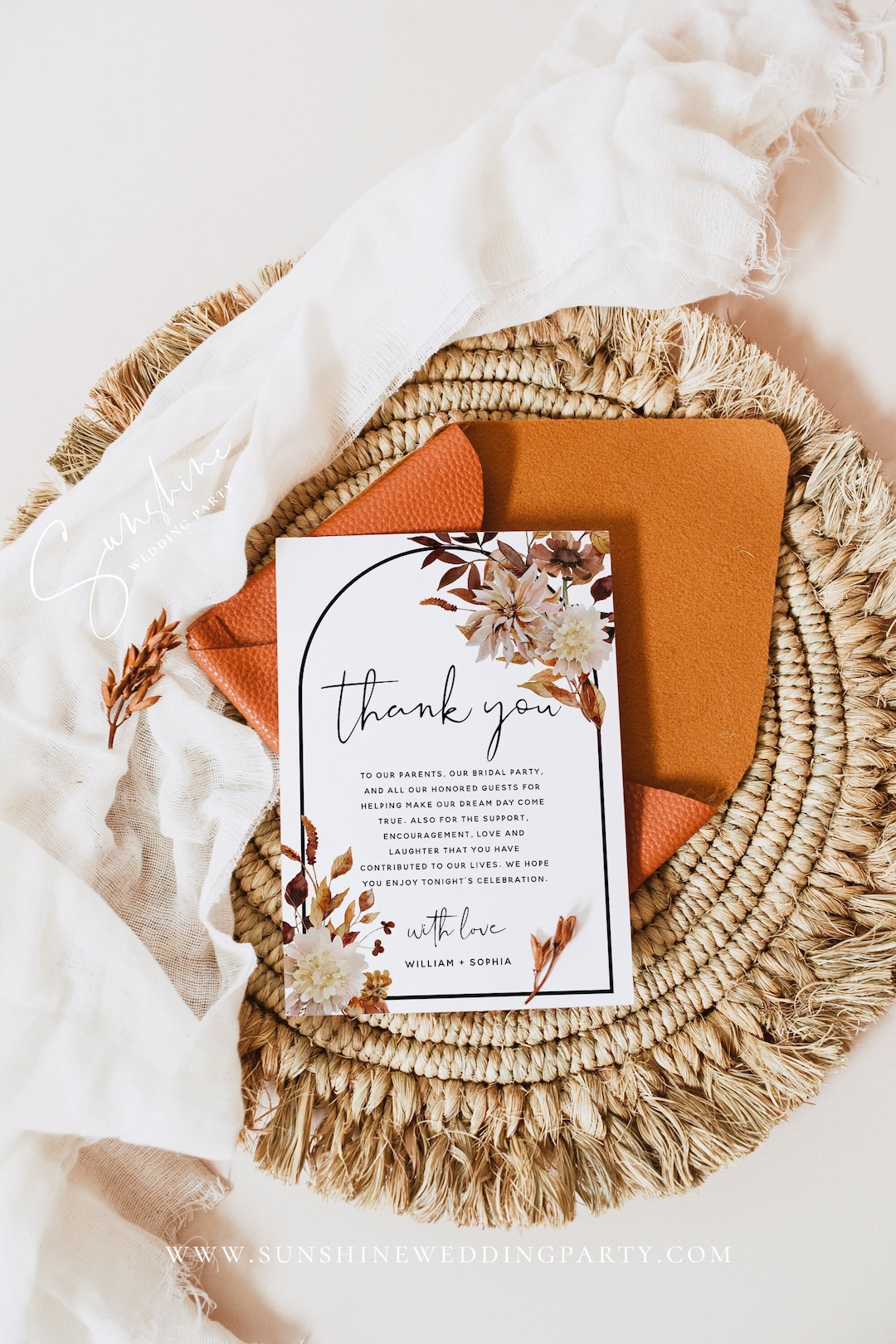 Fall Leaves Thank You Card Template, Autumn Floral Wedding, Boho Thank ...