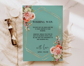 Coral and Green Wedding Wishing Well Card Template, Printable Wedding Wishing Well Cards, Editable Template, Instant Download, F22