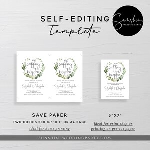 Puede incluir: Dos invitaciones imprimibles para una recepci&oacute;n de boda con un dise&ntilde;o de corona de hojas verdes. El texto "recepci&oacute;n de boda" est&aacute; escrito en letra cursiva. Las invitaciones est&aacute;n disponibles en dos tama&ntilde;os: 8,5 x 11 pulgadas y 5 x 7 pulgadas.