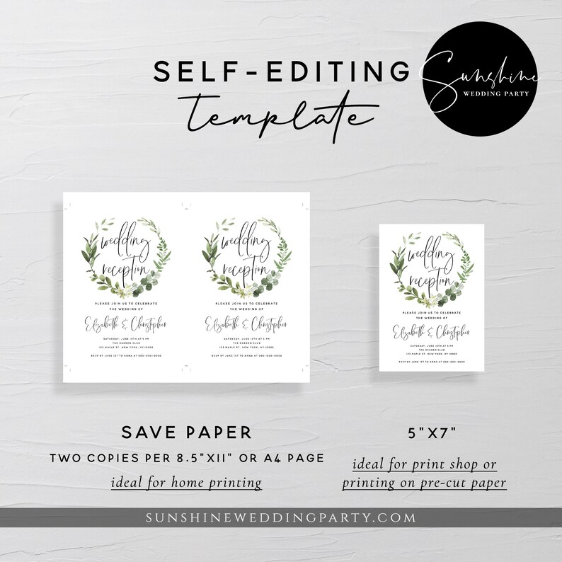 Puede incluir: Dos invitaciones imprimibles para una recepci&oacute;n de boda con un dise&ntilde;o de corona de hojas verdes. El texto "recepci&oacute;n de boda" est&aacute; escrito en letra cursiva. Las invitaciones est&aacute;n disponibles en dos tama&ntilde;os: 8,5 x 11 pulgadas y 5 x 7 pulgadas.