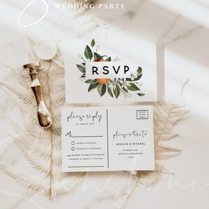 Modèle de carte postale PSVP de faire-part de mariage agrumes, carte postale de mariage orange RSVP, RSVP imprimable Veuillez répondre, téléchargement immédiat, Templett, C2