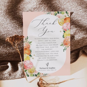Plantilla de tarjeta de agradecimiento de boda con cítricos tropicales, tarjetas de agradecimiento bohemias, tarjeta de agradecimiento imprimible, editable por uno mismo, descarga instantánea, C4