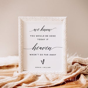 Peut inclure: Une pancarte encadr&eacute;e de blanc avec un texte en calligraphie noire qui dit "we know you would be here today if heaven wasn't so far away" avec un symbole de c&oelig;ur et les noms "Sophia + William" en dessous.