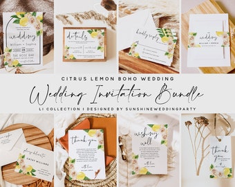 Citrus Lemon Wedding Invitation Template Bundle, Boho Wedding, White Rose Floral, Invitation Template, Invitation Bundle, DIY Editable, L1