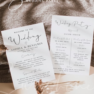 May include: A wedding ceremony programme with a white background and black text. The programme includes the names of the bride and groom, Sophia and Benjamin, the date and location of the wedding, and a list of the wedding party members. The programme also includes a section for special thanks.