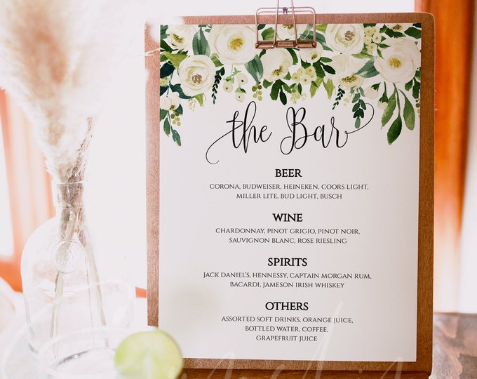 White Flower Greenery Wedding Bar Sign Template Menu Bar Sign Template Instant Download Online Editable Bar Sign Wedding Sign Menu Bar Sign