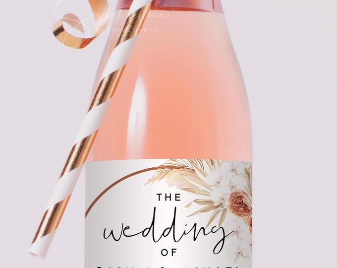 Mini Champagne Bottle Label Template, Pampas Terracotta, Boho Wedding, 100% DIY Editable Text, Wedding Printable, Instant Download, T4