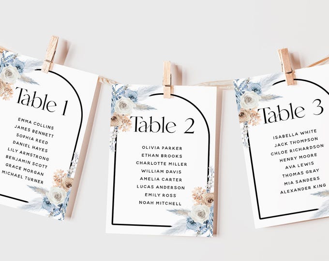 Dusty Blue Floral Wedding Seating Chart Template | Editable Arch Table Seating Sign | Printable Dusty Blue Champagne Floral Guest List | F23