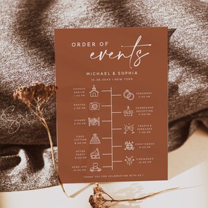 テラコッタの結婚式日程カード テンプレート、結婚式のタイムライン、イベントの順序、結婚式の日程、結婚式のスケジュール、印刷可能な日程、T1