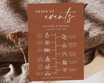 Terracotta Wedding Itinerary Card Template, Wedding Timeline, Order of Events, Wedding Itinerary, Wedding Schedule, Printable Itinerary, T1