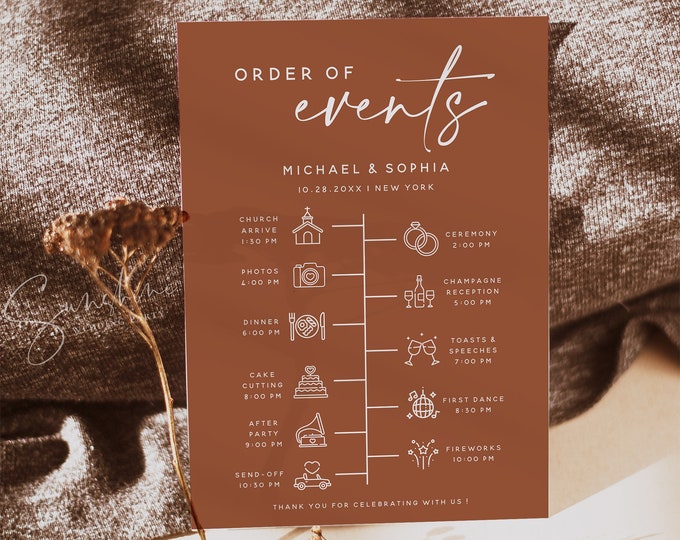 Terracotta Wedding Itinerary Card Template, Wedding Timeline, Order of Events, Wedding Itinerary, Wedding Schedule, Printable Itinerary, T1