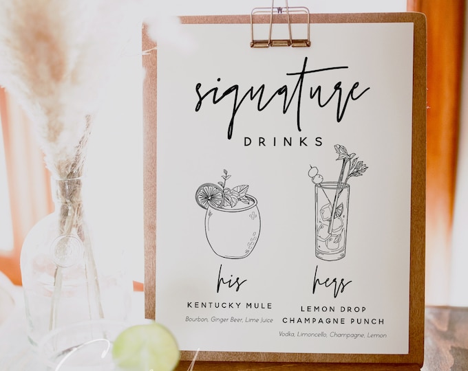 Minimalist Signature Drinks Sign Template, Modern Wedding, His and Hers Drink Sign, Drinks Bar Sign, Printable Signs, Editable Template, M7