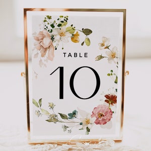 Placas de números de mesa de casamento, flores de jardim para casamento, casamento boho, cartões de números de mesa, casamento marsala, modelo editável, F16