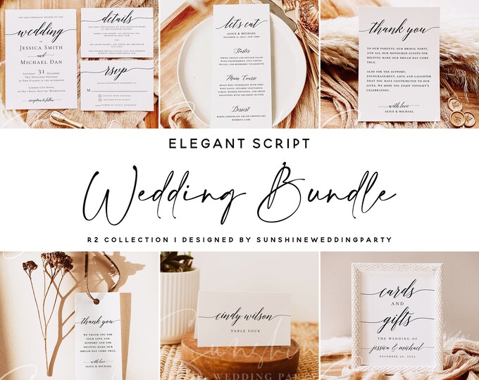 Wedding Bundle, Modern Wedding Templates, Minimalist Elegant Script, Rustic Invitation Suite, Editable Text, Instant Download, Templett, R2