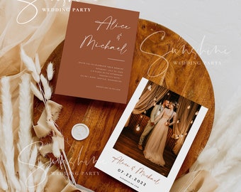 Terracotta Wedding Invitation Template with Photo, Printable Burnt Orange Wedding Invitation with Picture, Modern Minimalist Boho Rustic, T1