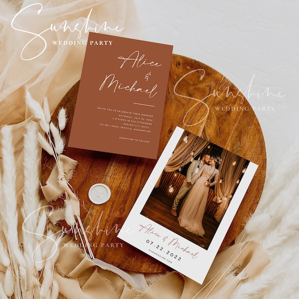 Terracotta Wedding Invitation Template with Photo, Printable Burnt Orange Wedding Invitation with Picture, Modern Minimalist Boho Rustic, T1