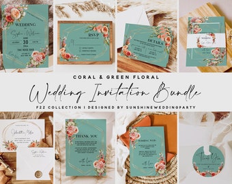 Coral and Green Wedding Invitation Bundle, Wedding Invitation Kit, Wedding Invite Suite, Wedding Invite Set, Editable Template, F22